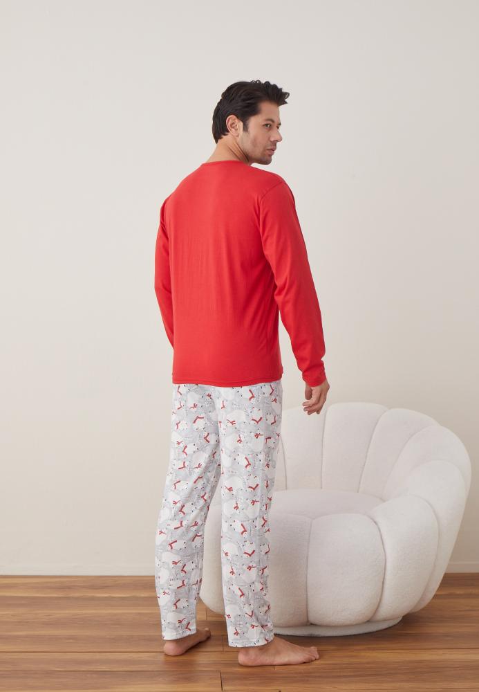 Pijama barbati Craciun "HAPPY NEW YEAR" , maneca lunga ,pantaloni lungi,Culoare Rosu ,Engros